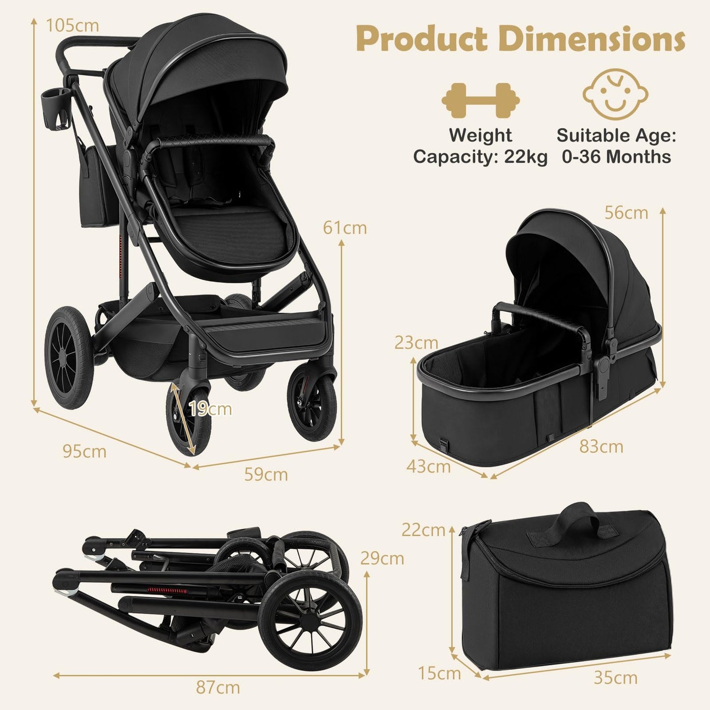 3-in-1 Newborn Stroller Folding Convertible High Landscape Toddler Stroller