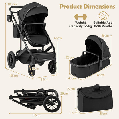 3-in-1 Newborn Stroller Folding Convertible High Landscape Toddler Stroller