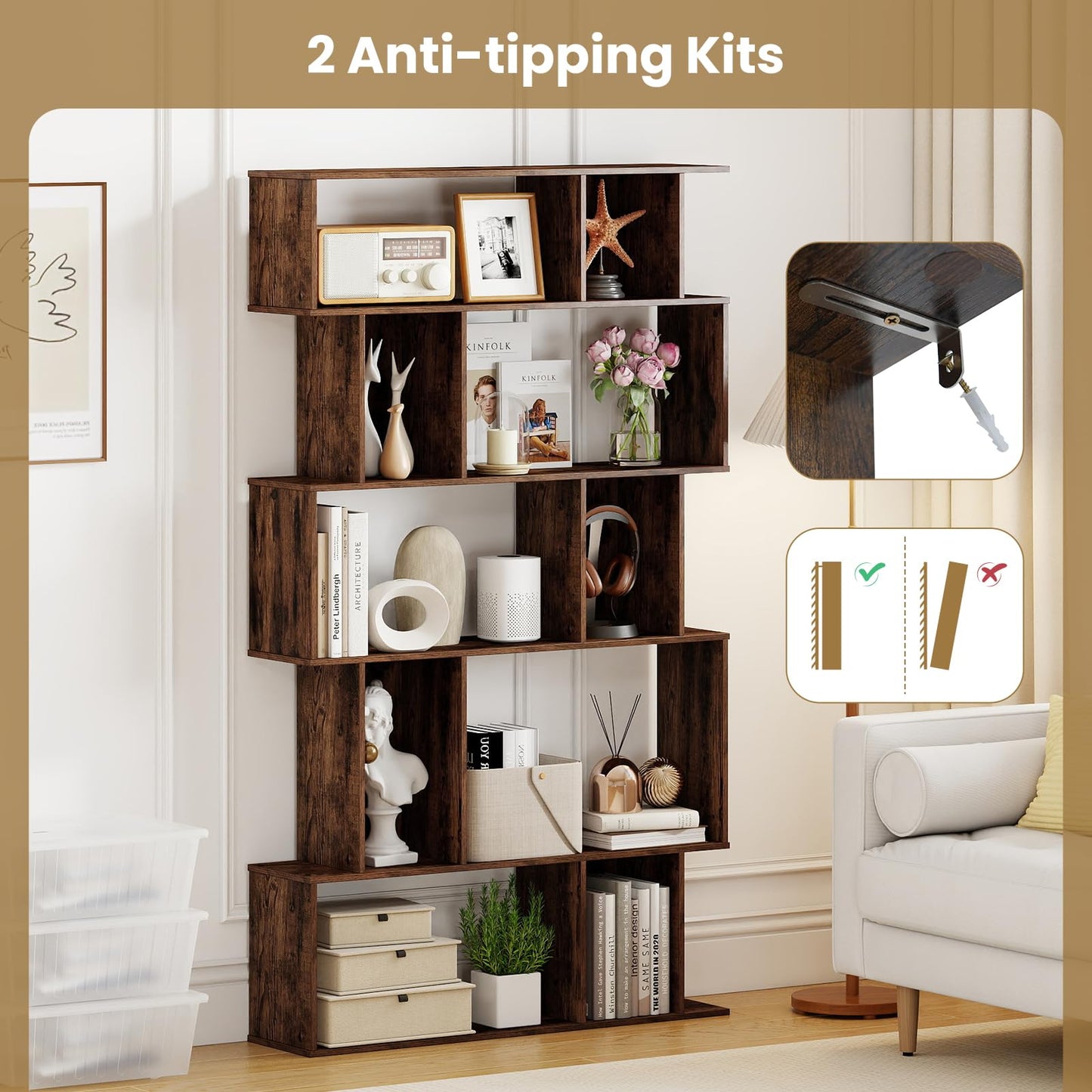 S-Shaped Wooden Bookcase, 5/6 Tiers Freestanding Storage Shelf