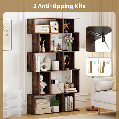 S-Shaped Wooden Bookcase, 5/6 Tiers Freestanding Storage Shelf