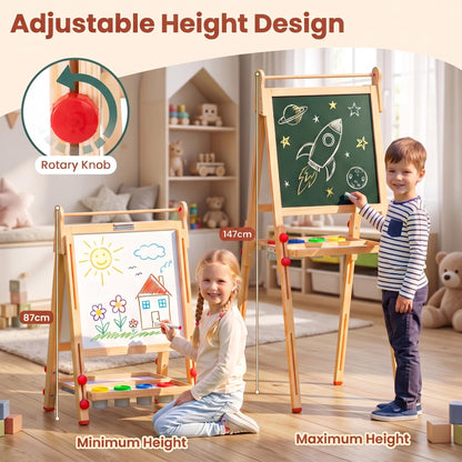 3-in-1 Kids Art Easel, Double-Sided Folding Wooden Easel