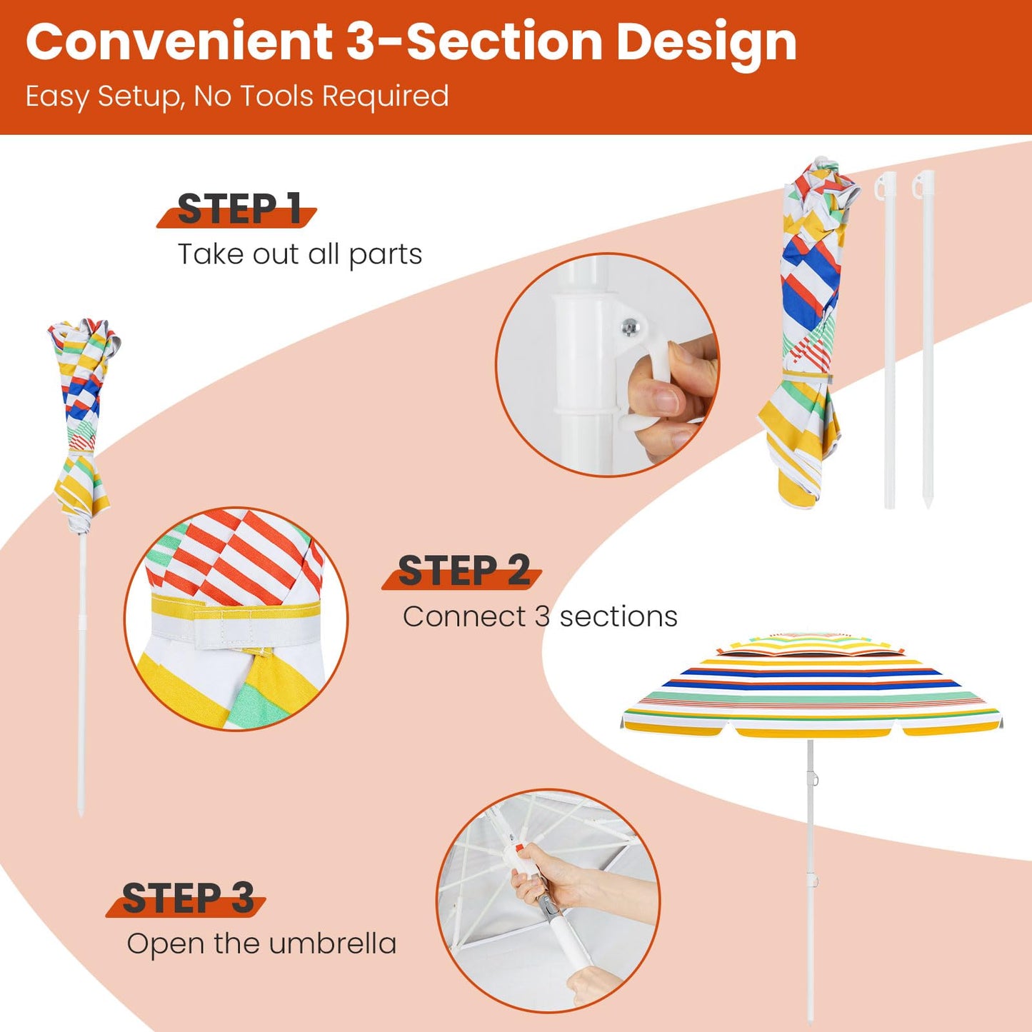 178 cm Beach Umbrella Sun Protection Portable Outdoor Sunshade Parasol for Sand