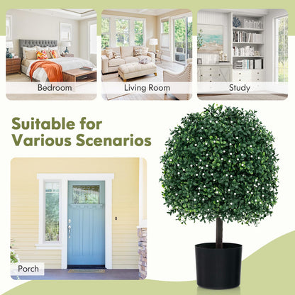 2 Piece Artificial Boxwood Topiary Ball Tree with UV Rated Leaves and 343 White Fruits
