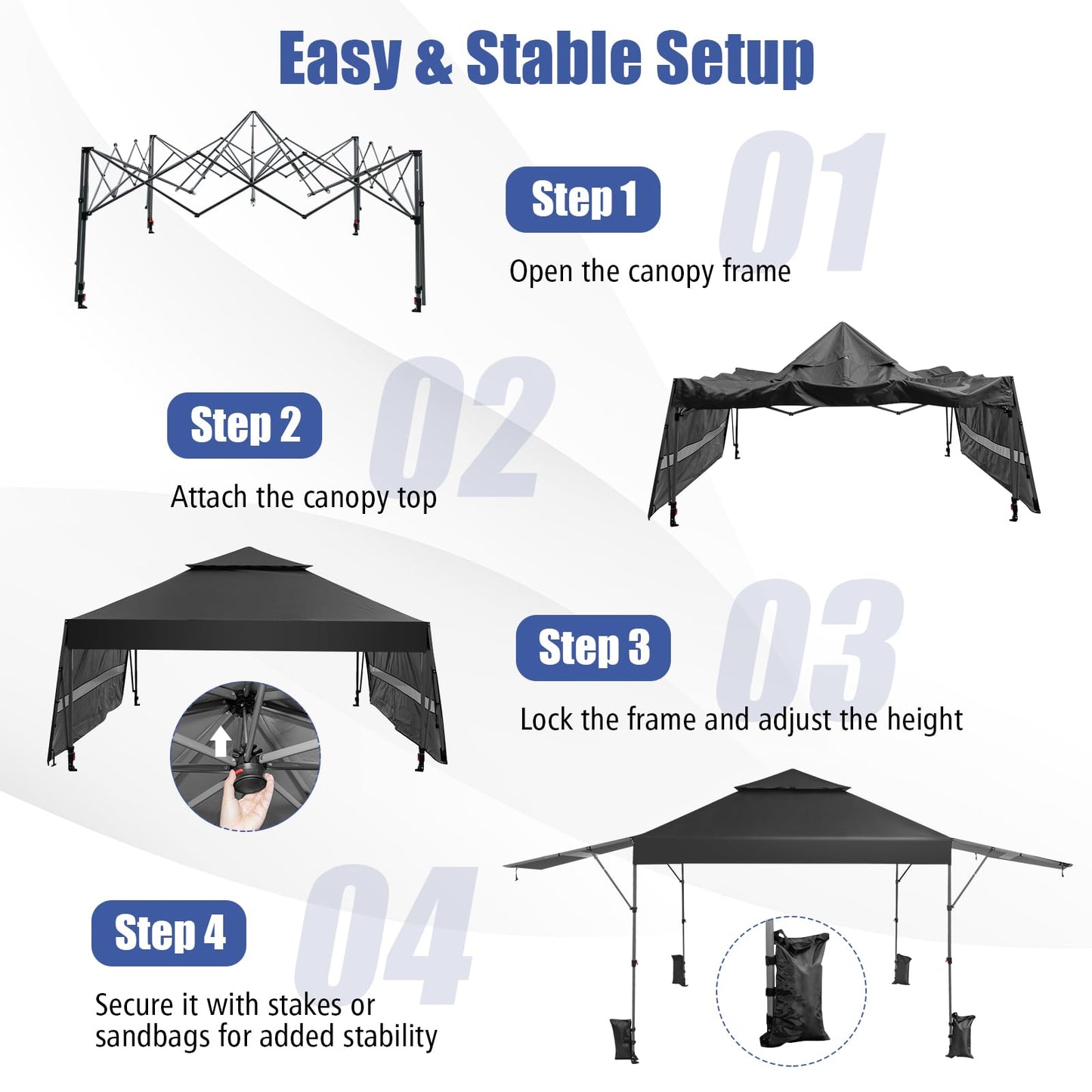 3 x 3m Rolling Pop up Gazebo with Adjustable Dual Awnings and Height