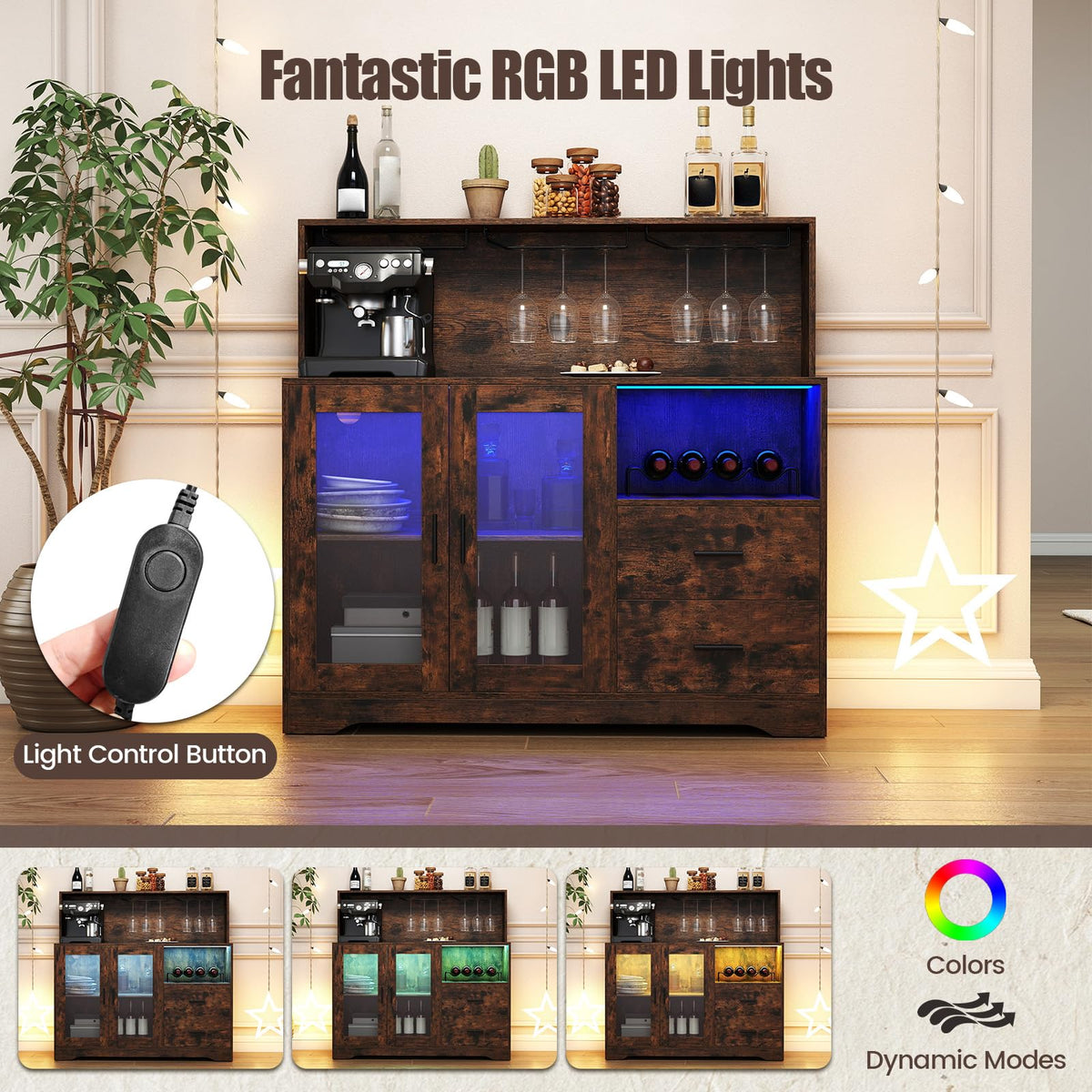 Wine Bar Cabinet with LED Lights & Charging Station