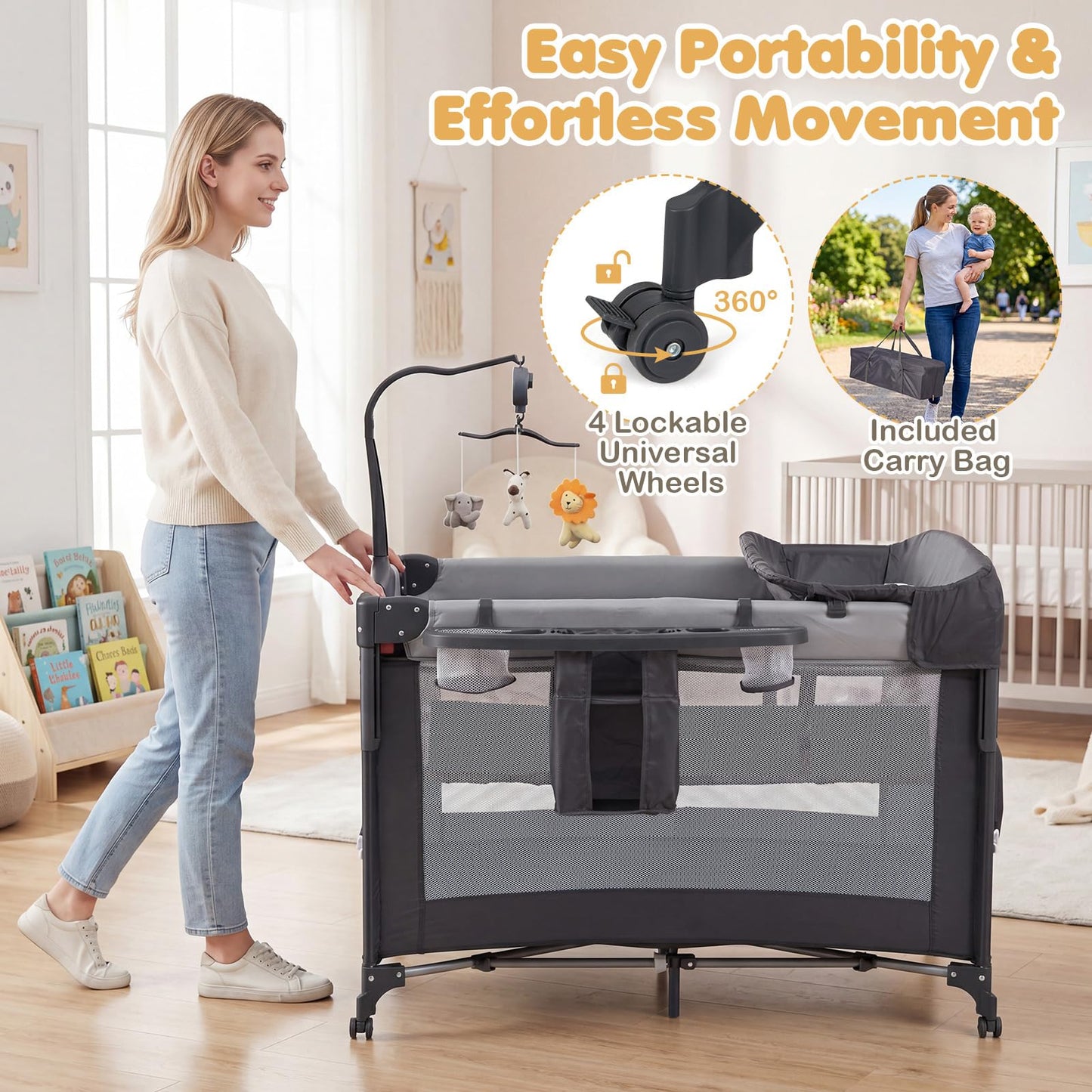 5 in 1 Baby Travel Cot, Portable Baby Crib Bassinet