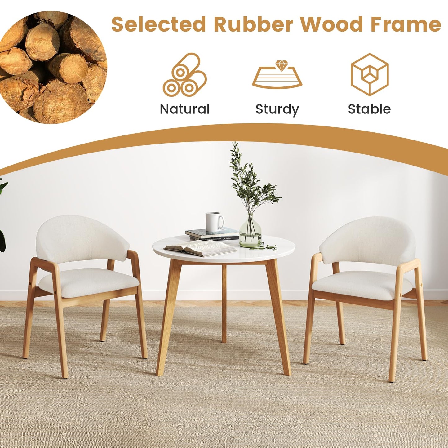 Dining Chairs Set of 2, Sherpa Fabric Upholstered Kitchen Chairs with Rubber Wood Frame