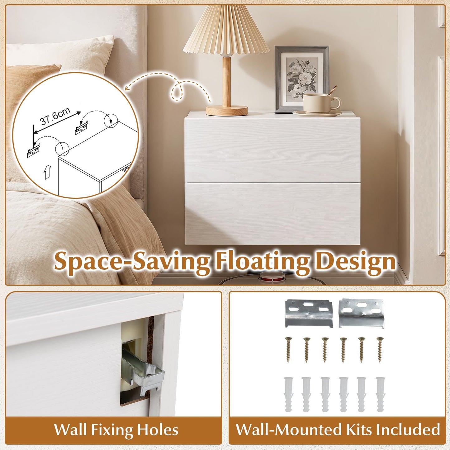 Floating Bedside Table, Small Wall Mounted Nightstand