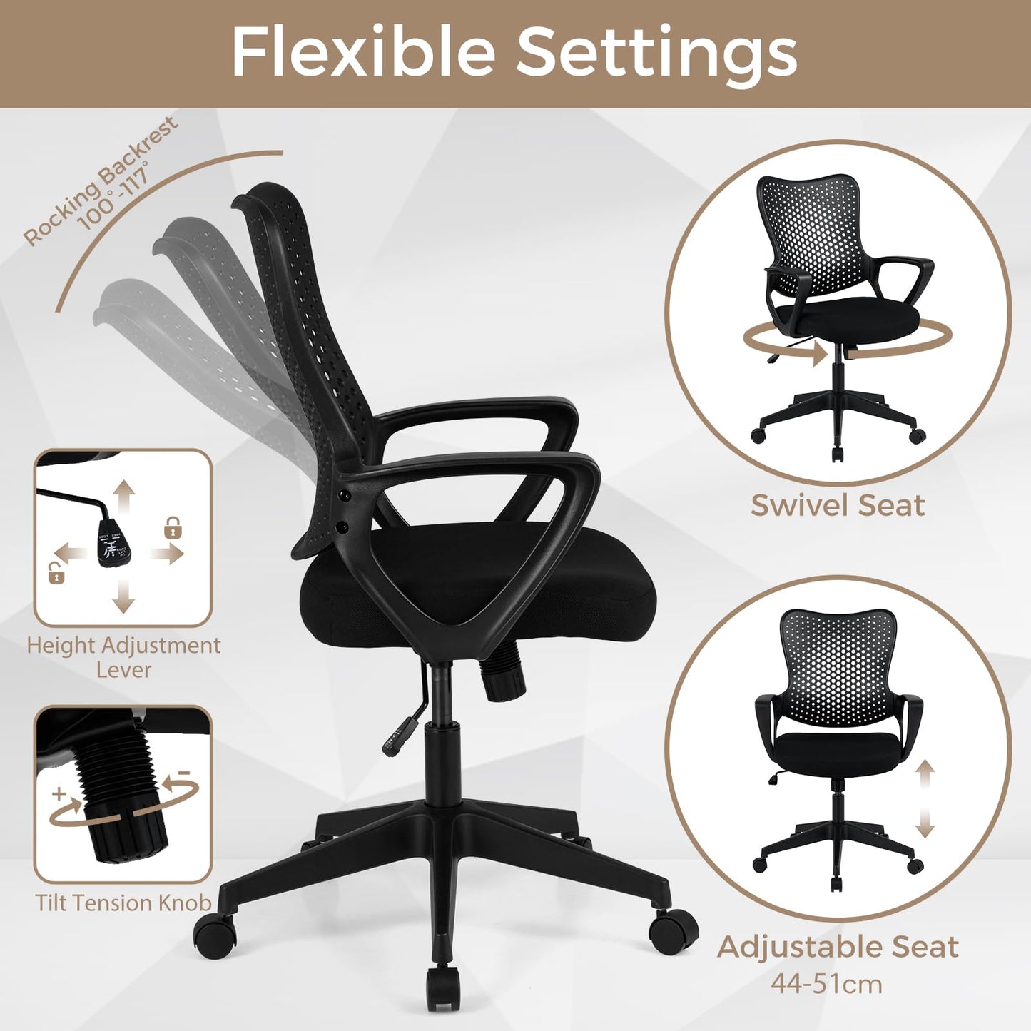 Ergonomic Office Chair, Computer Desk Chair with Armrests, Padded Cushion and Butterfly Backrest