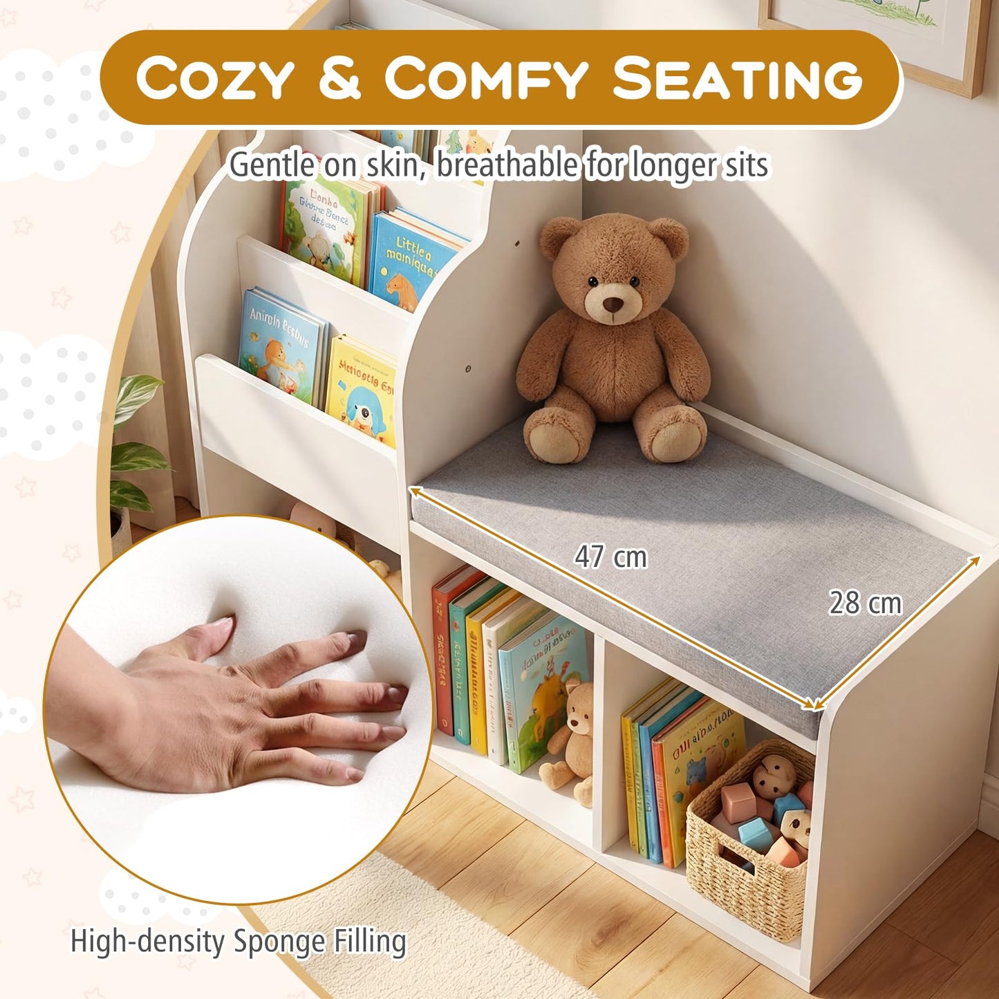 Kids Reading Nook with Bench Wooden Toddler Bookcase with 3 Storage Cubbies