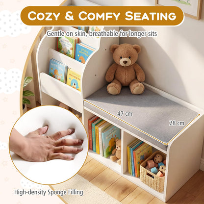 Kids Reading Nook with Bench Wooden Toddler Bookcase with 3 Storage Cubbies