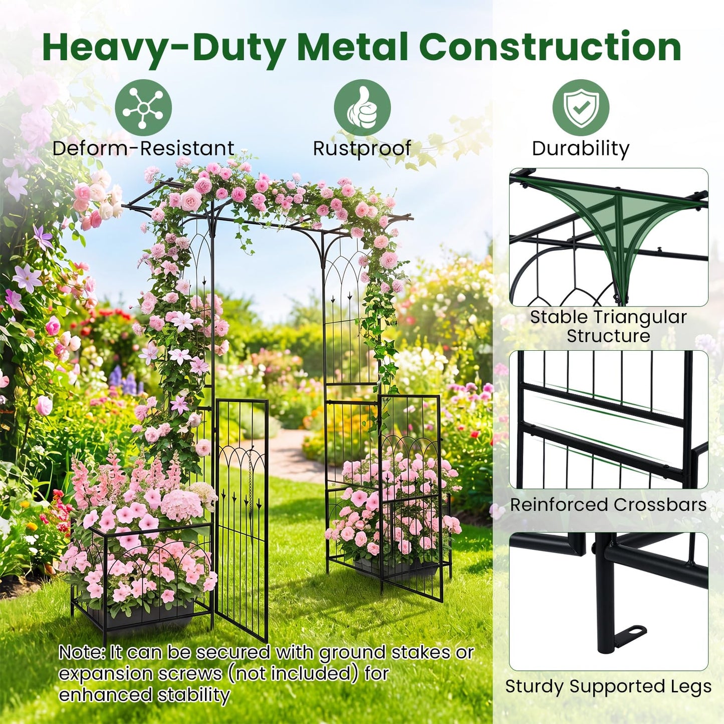 Garden Arbor with Gate and Planter Boxes 206cm Heavy Duty Metal Arch