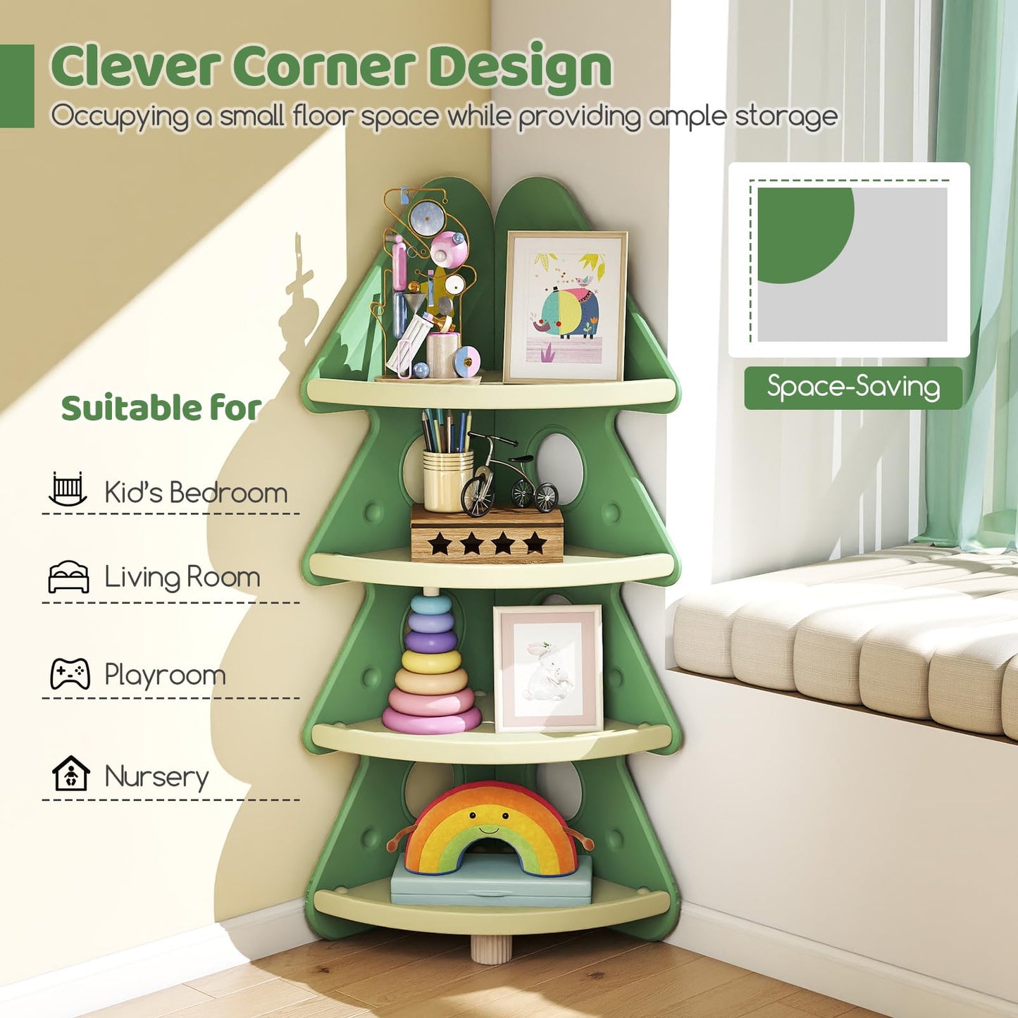 4-Tier Kids Corner Bookshelf for Kids Room and Nursery Playroom