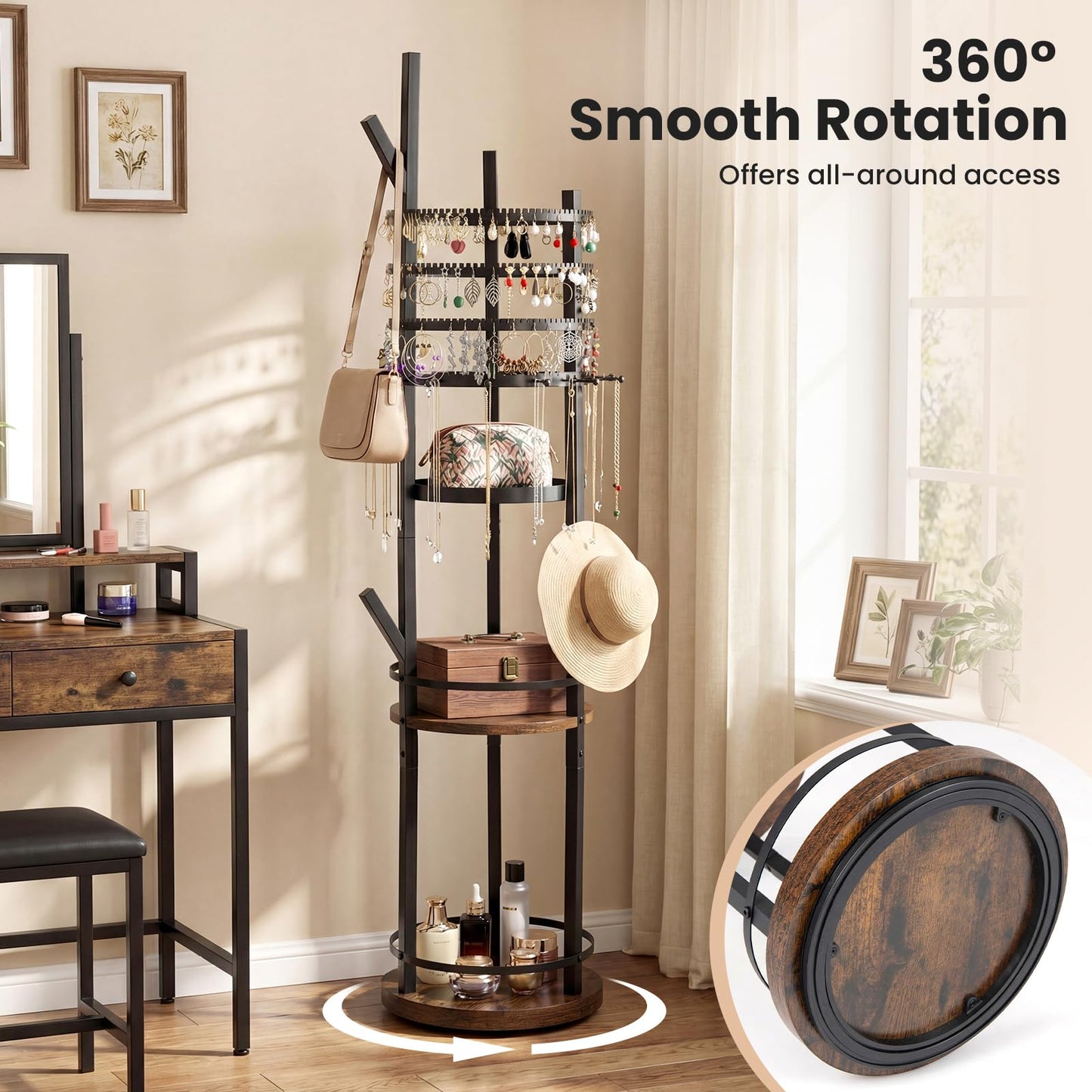 Jewelry Organizer Stand, 360° Rotating Floor Standing Jewelry Storage Rack