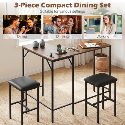 3-Piece Bar Table Set with Charging Station