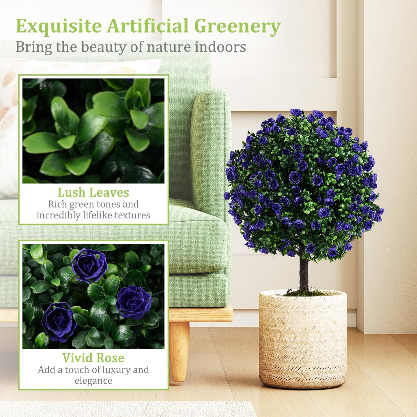 Set of 2 Artificial Purple Rose Topiary Ball Trees 55cm Faux Boxwood Ball Tree