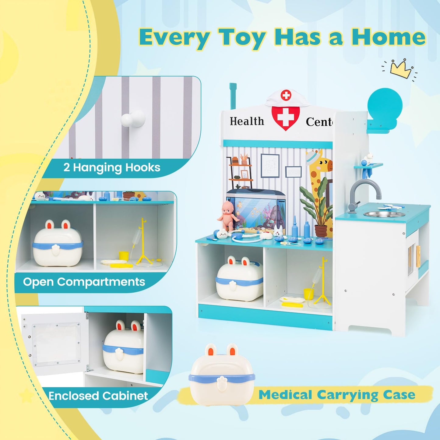 Wooden Toy Medical Center Playset with Faucet and ECG Monitor for Aged 3-6
