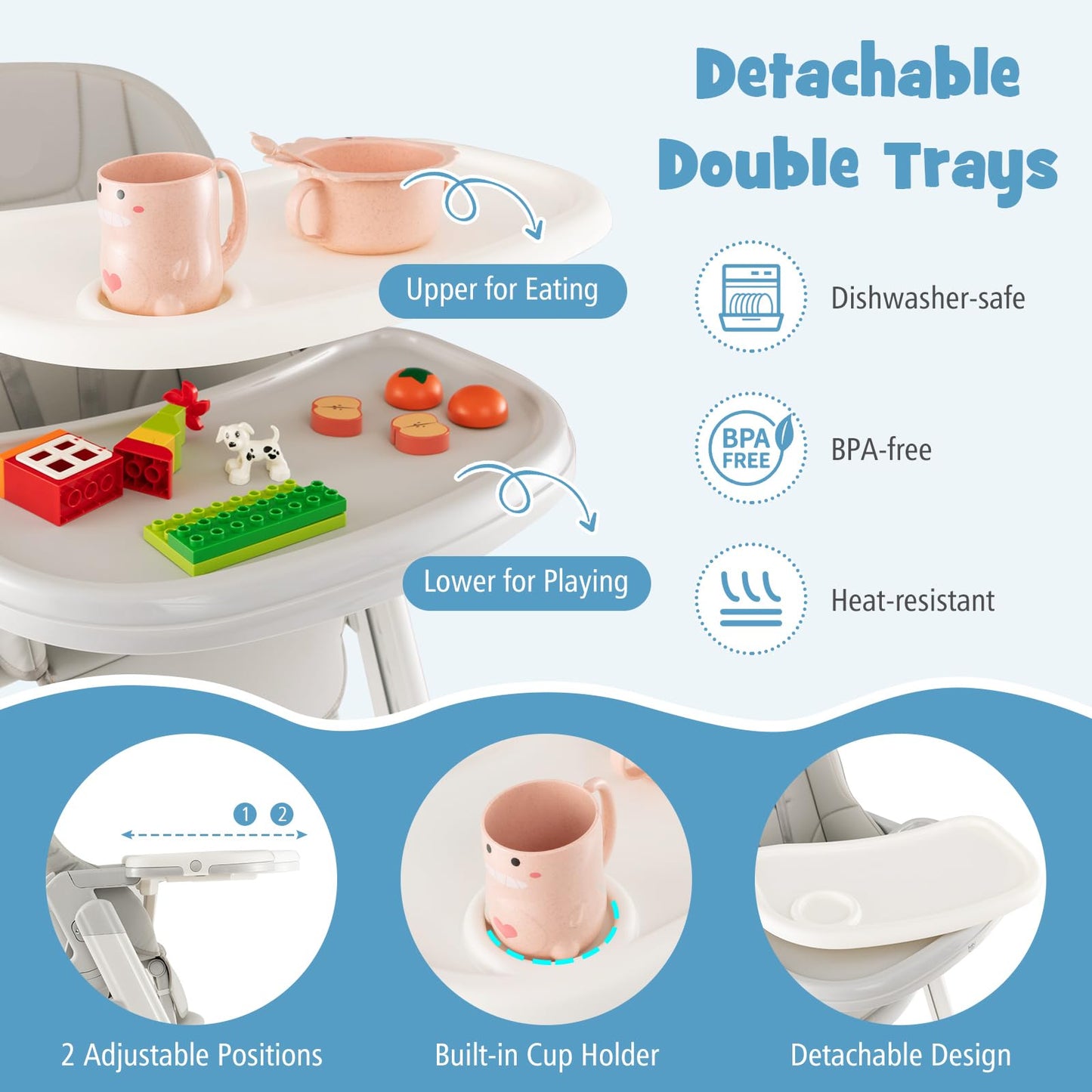 Adjustable Toddlers Reclining Highchair with Detachable Double Trays
