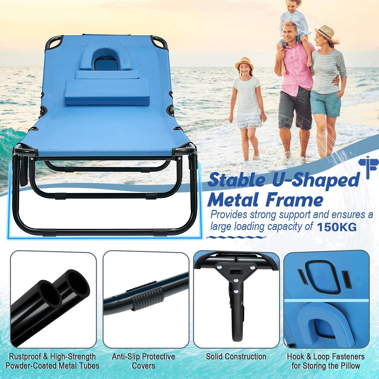Folding Sun Lounger, 5-Position Adjustable Reclining Tanning Chair