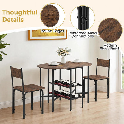 3-Piece Drop Leaf Dining Table Set with 2 Chairs and 2-Tier Storage Shelves for Kitchen
