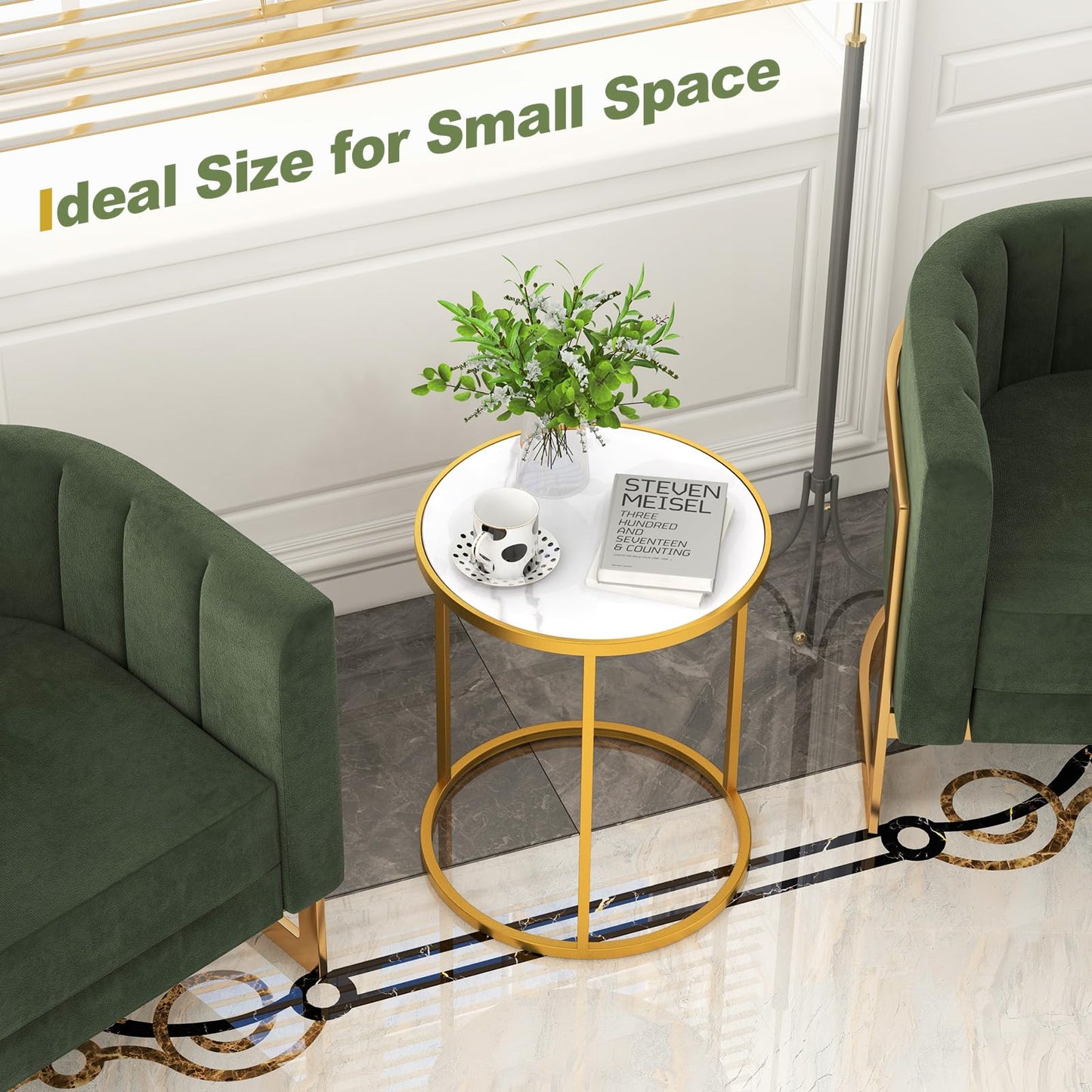 50x50x59cm Golden Metal Frame Marble Top Side Table with Anti-Slip Foot Pads
