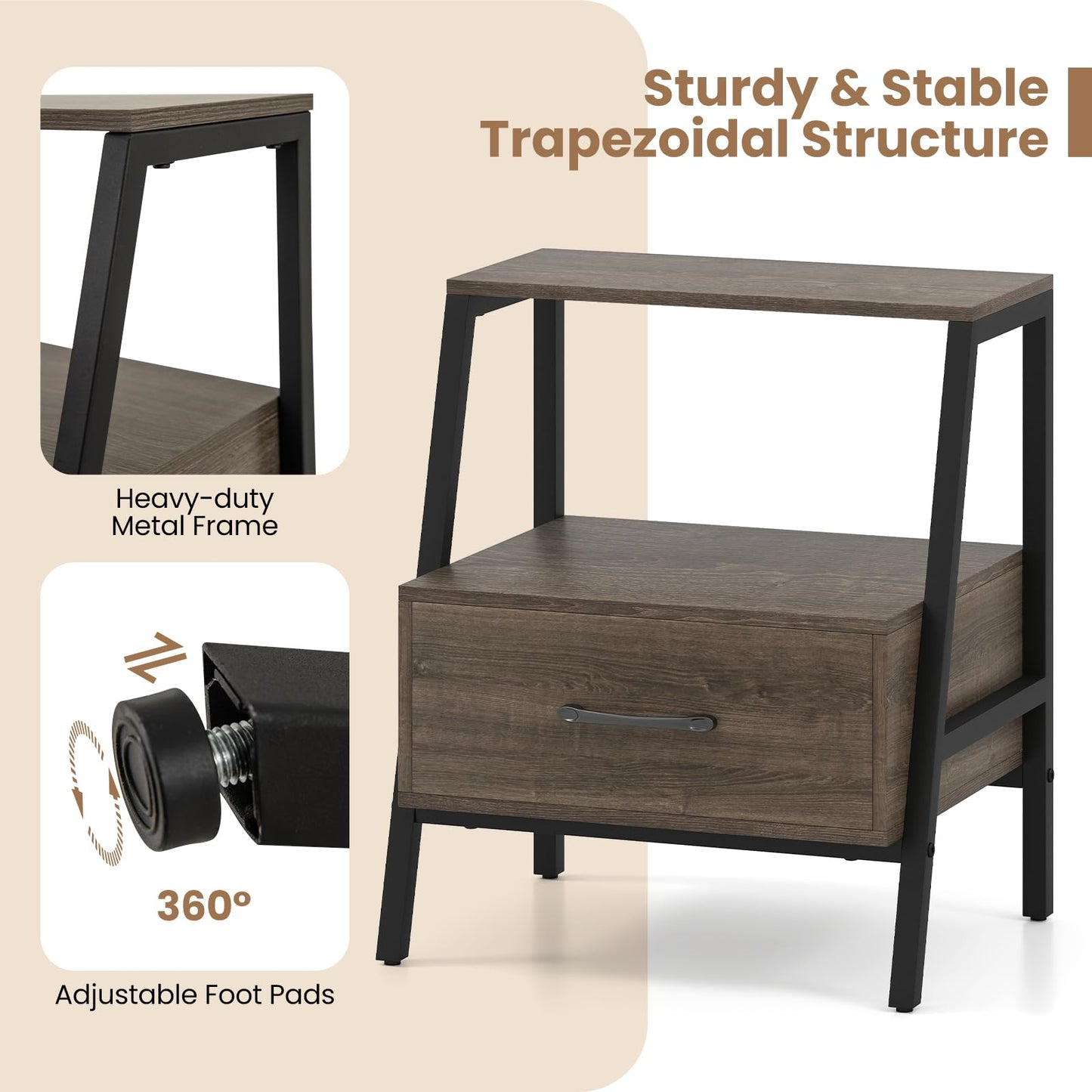 Farmhouse Nightstand End Sofa Side Table with Drawer and Storage Shelf