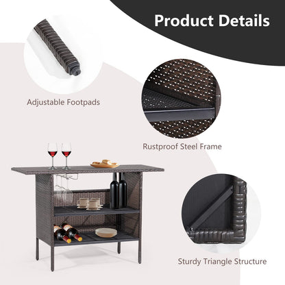 All Weather Wicker Bar Counter Table with 2 Metal Mesh Shelves