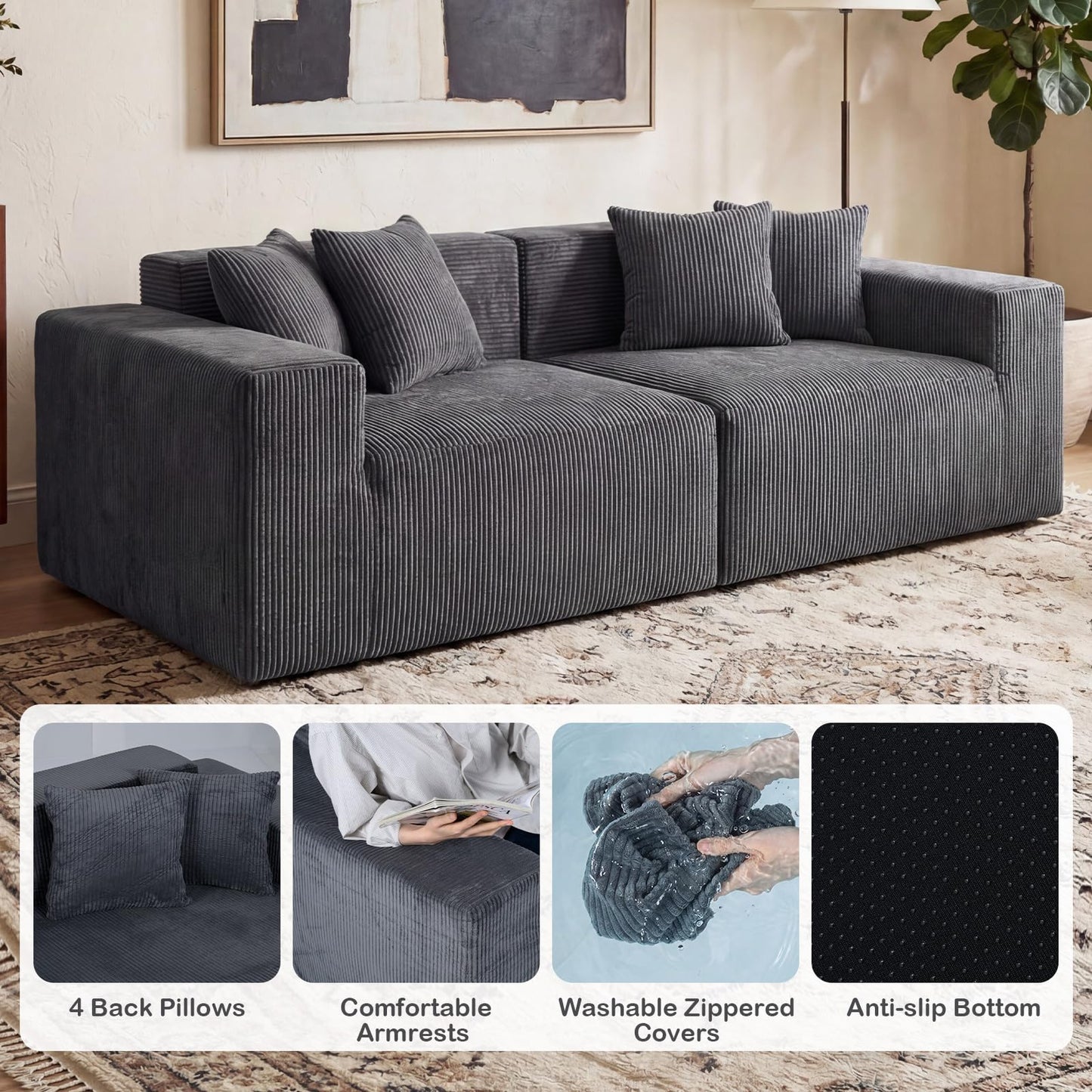 204cm Corduroy Boneless Sofa Couch with 4 Pillows