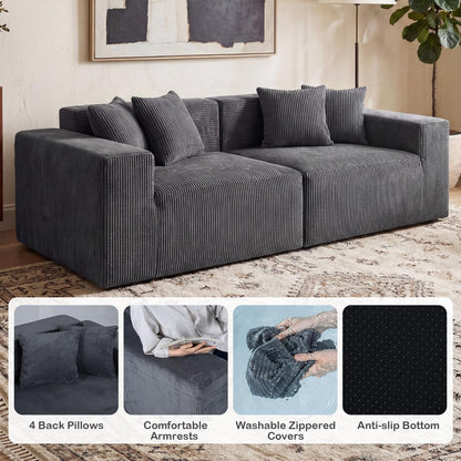 204cm Corduroy Boneless Sofa Couch with 4 Pillows