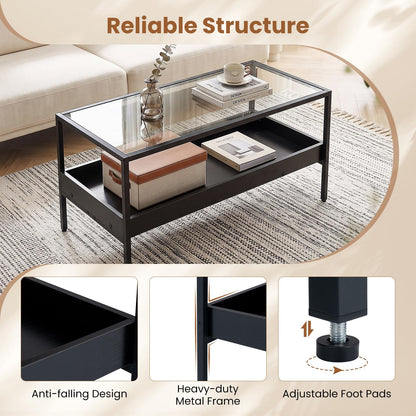 2-Tier Coffee Table with Tempered Glass Top & Storage Shelf