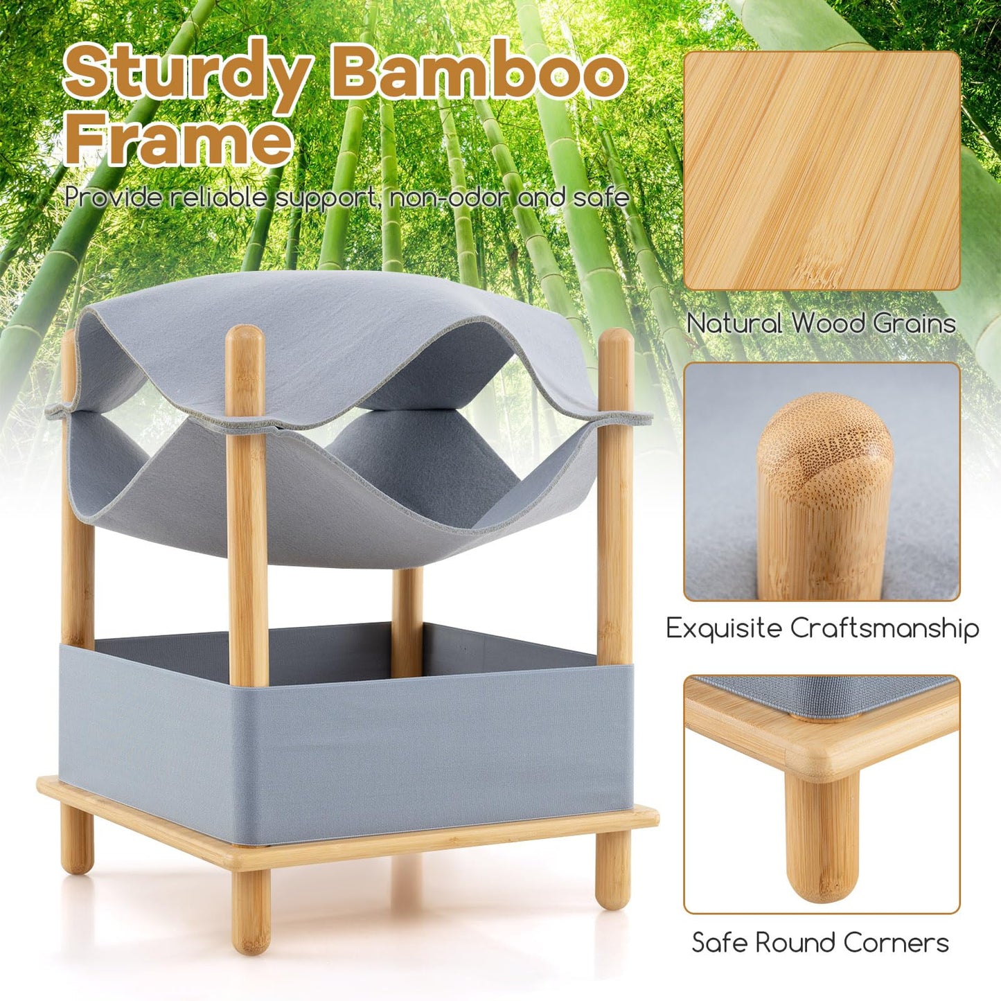 Elevated Cat Bed 2-tier Bamboo Frame Cat House with Dual-Layer Felt Fabric Top