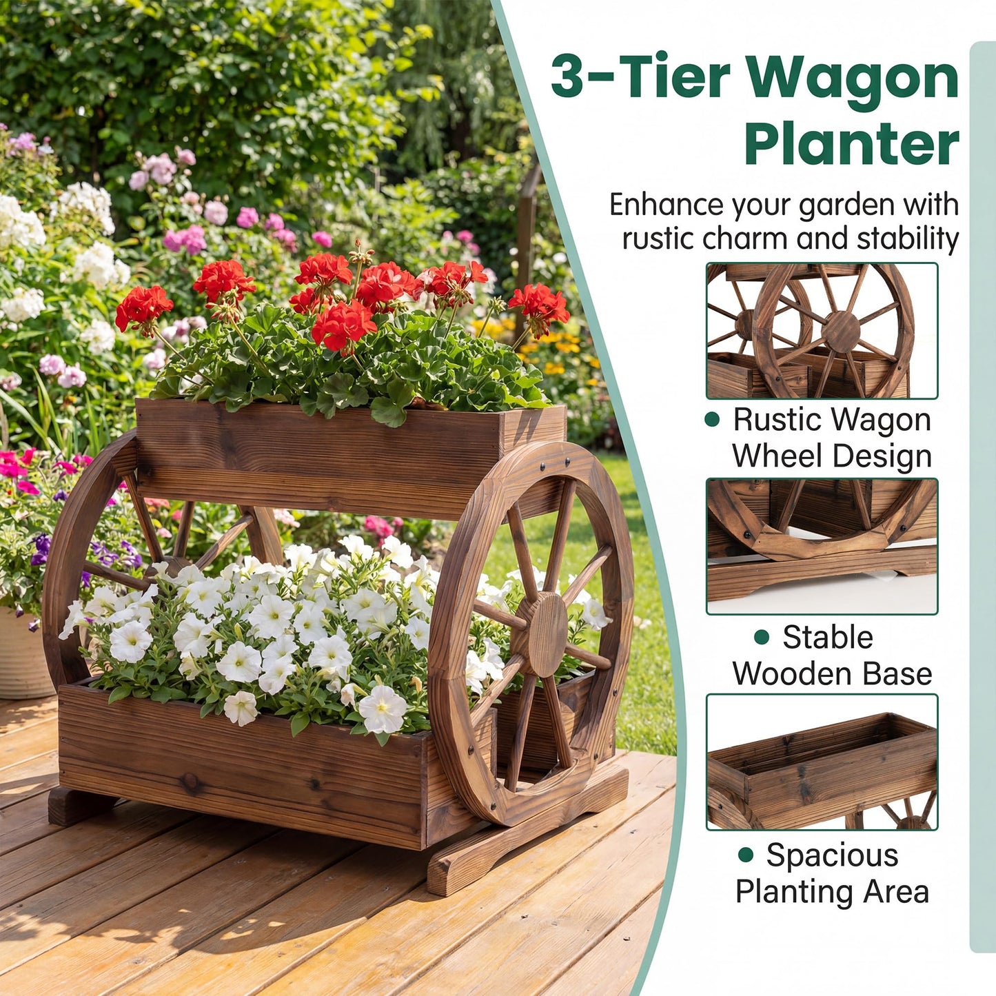 Wood Wagon Planter Box, 2-Tier Rustic Raised Garden Bed with Drainage Holes