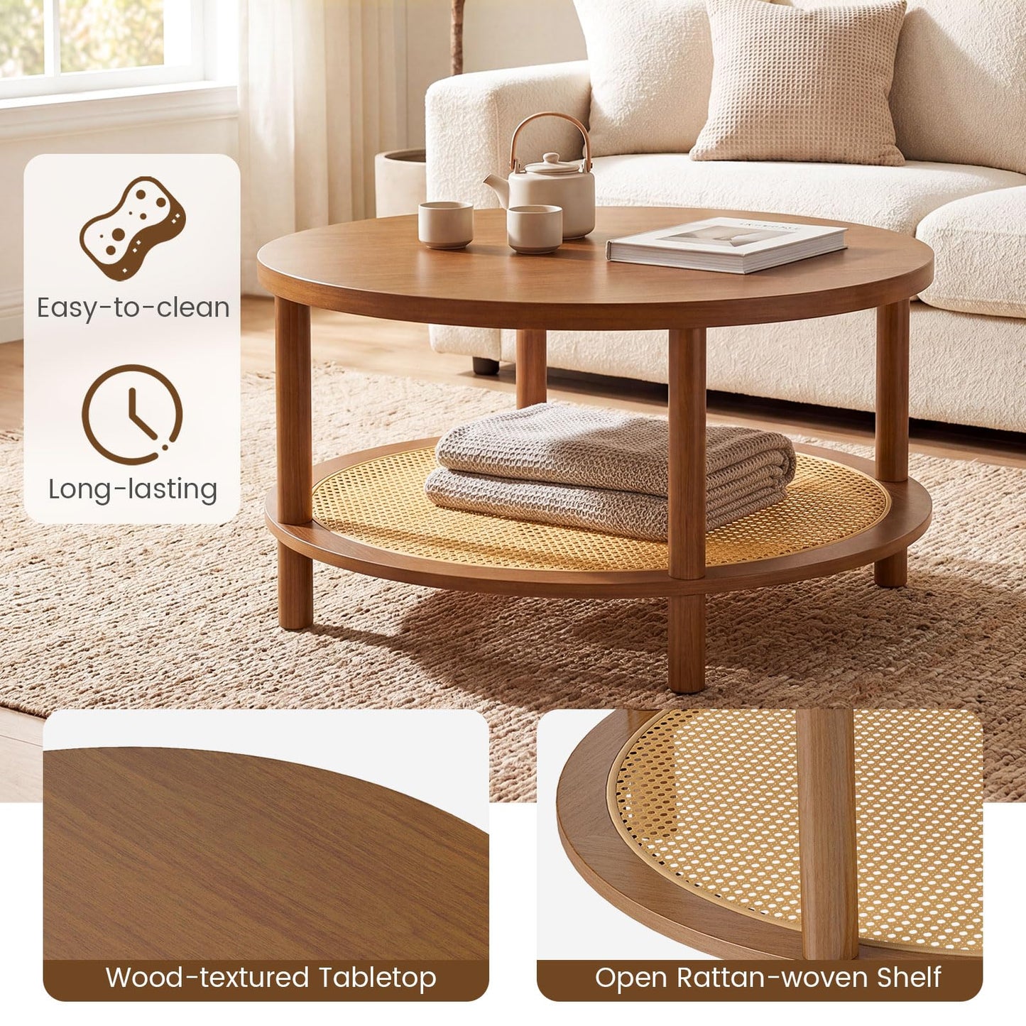 2-Tier Round Coffee Table with Rattan Storage Shelf, Rubber Wood