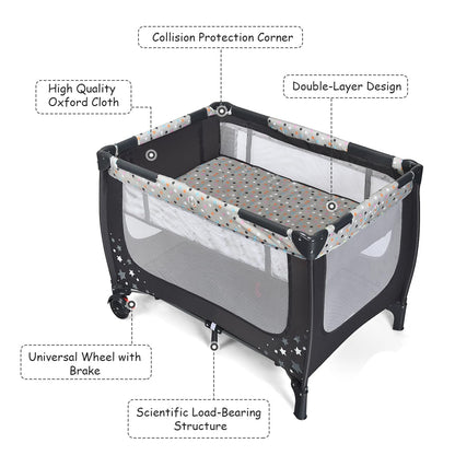 2-in-1 Foldable Baby Playpen with Lockable Wheels and Mattress