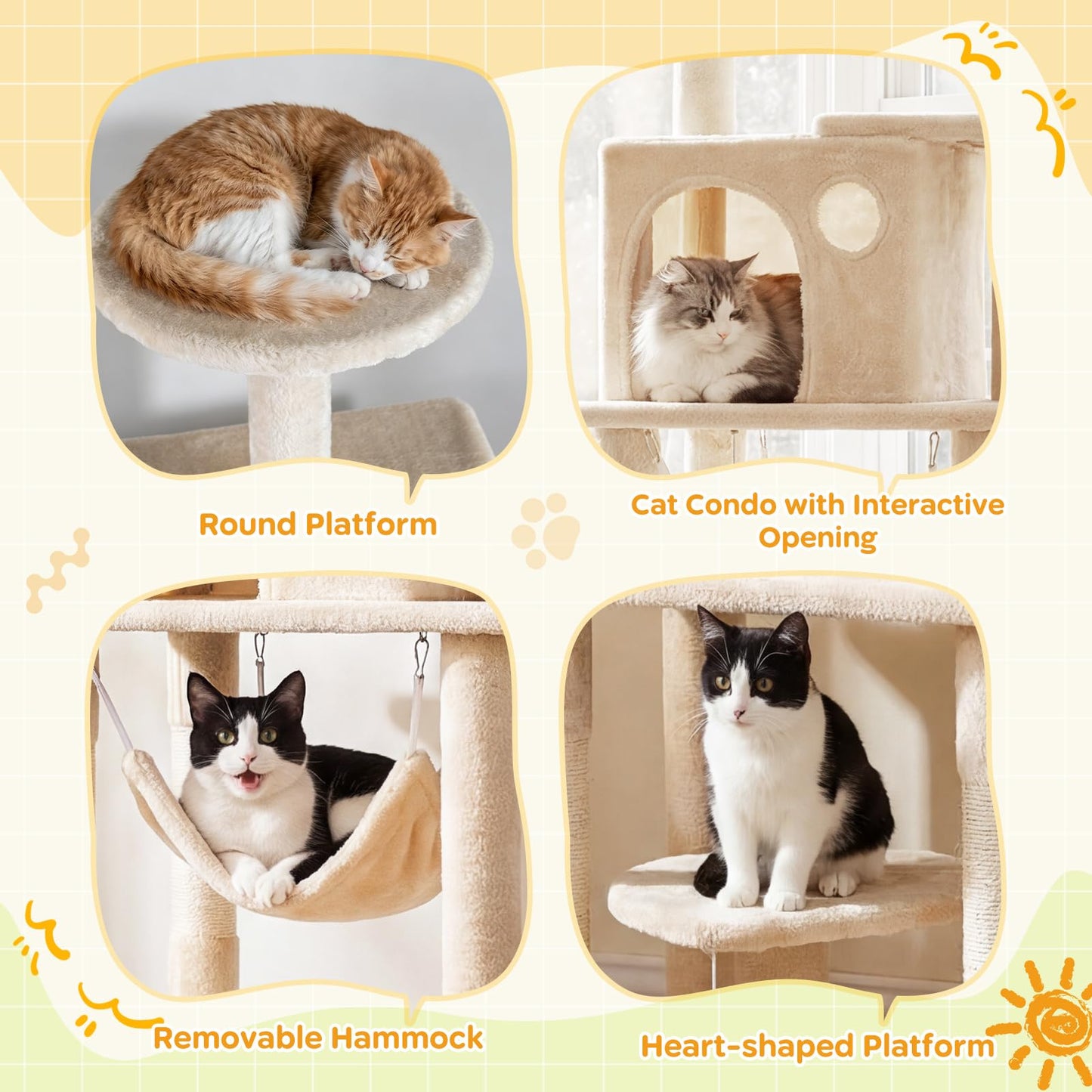 Cat Tree, 168cm Tall Modern Cats Tower with 2 Perches, Hammock, Condo