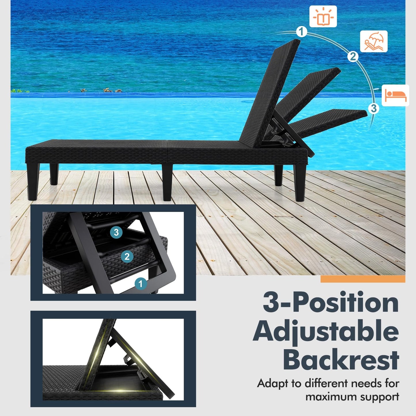 PP Rattan-Style Patio Chaise Lounge Deck Sunbed with 3-Position Adjustable Backrest and 6 Legs