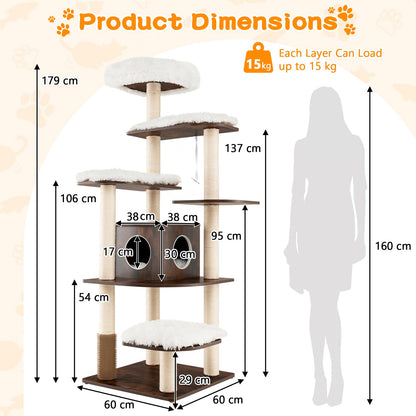 179 cm Tall Wooden Cat Tree with Sisal Scratching Posts