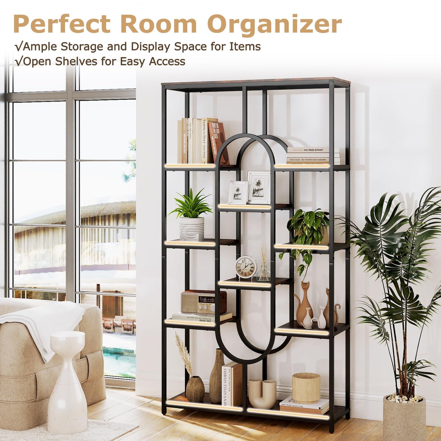 10-Tier Bookshelf, Industrial Etagere Bookcase with Open Storage Shelves