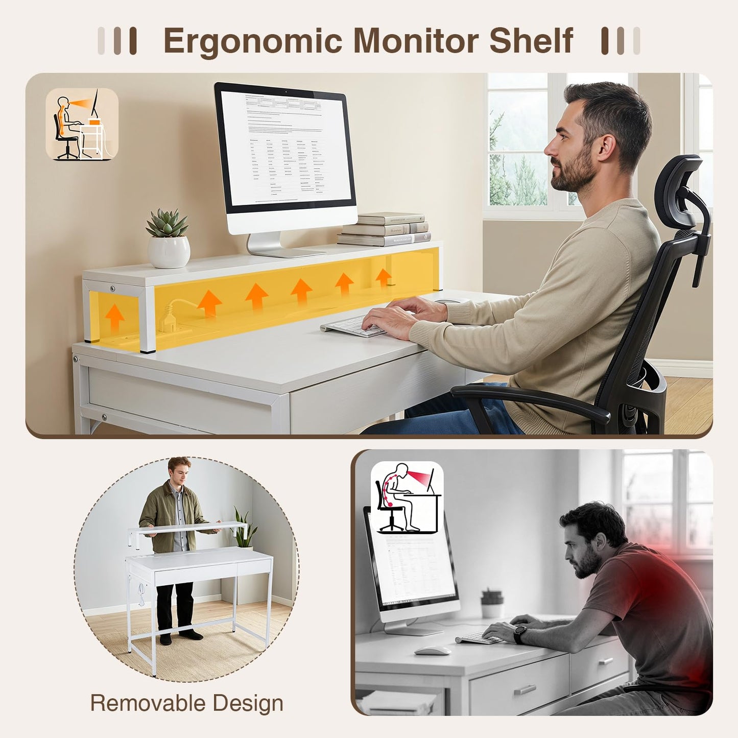 Computer Desk with Power Outlets, 100 x 50 x 90cm Office Desk | Removable Monitor Stand, Dual-use Drawer