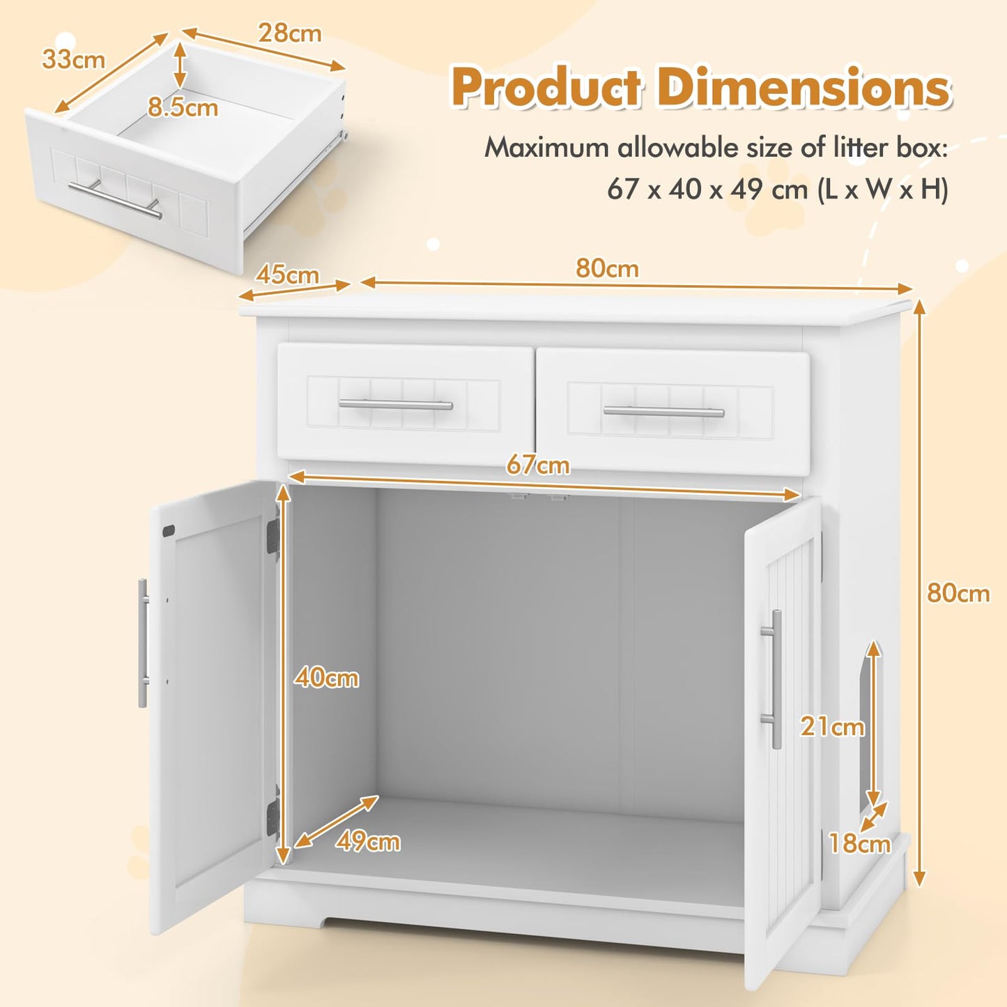 Wooden Cat Litter Box Enclosure with 2 Drawers