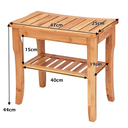 2-Tier Slatted Spa Bath Stool Shower Seat with Storage Shelf and Non-Slip Feet