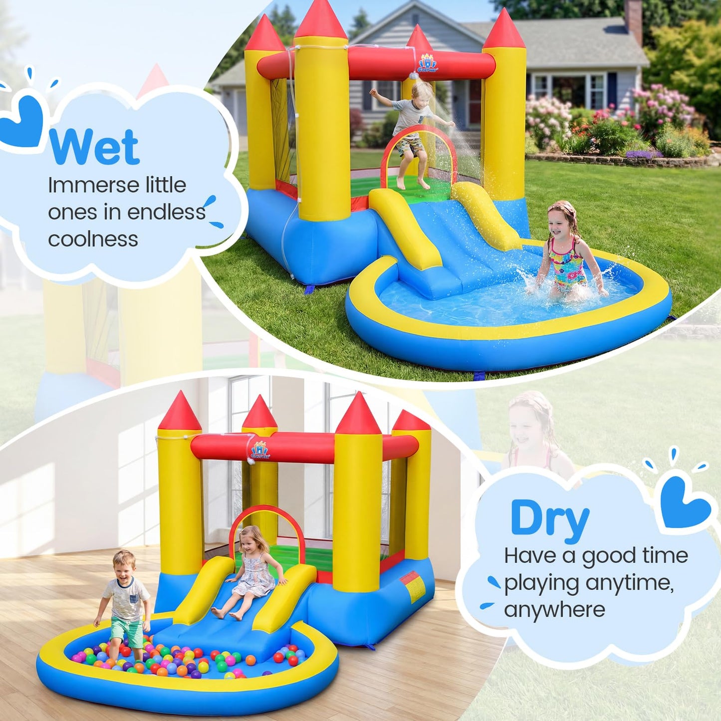 Inflatable Bounce House, Kids Water Park Wet Dry with Splash Pool, Water Slide