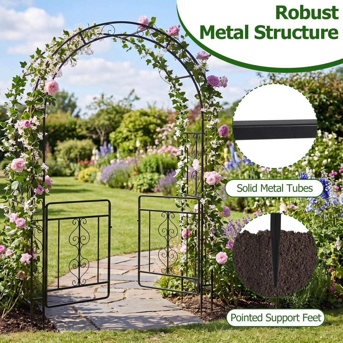 Garden Arch with Gate, Metal Pergola Arbor Trellis for Climbing Plant Rose Vines