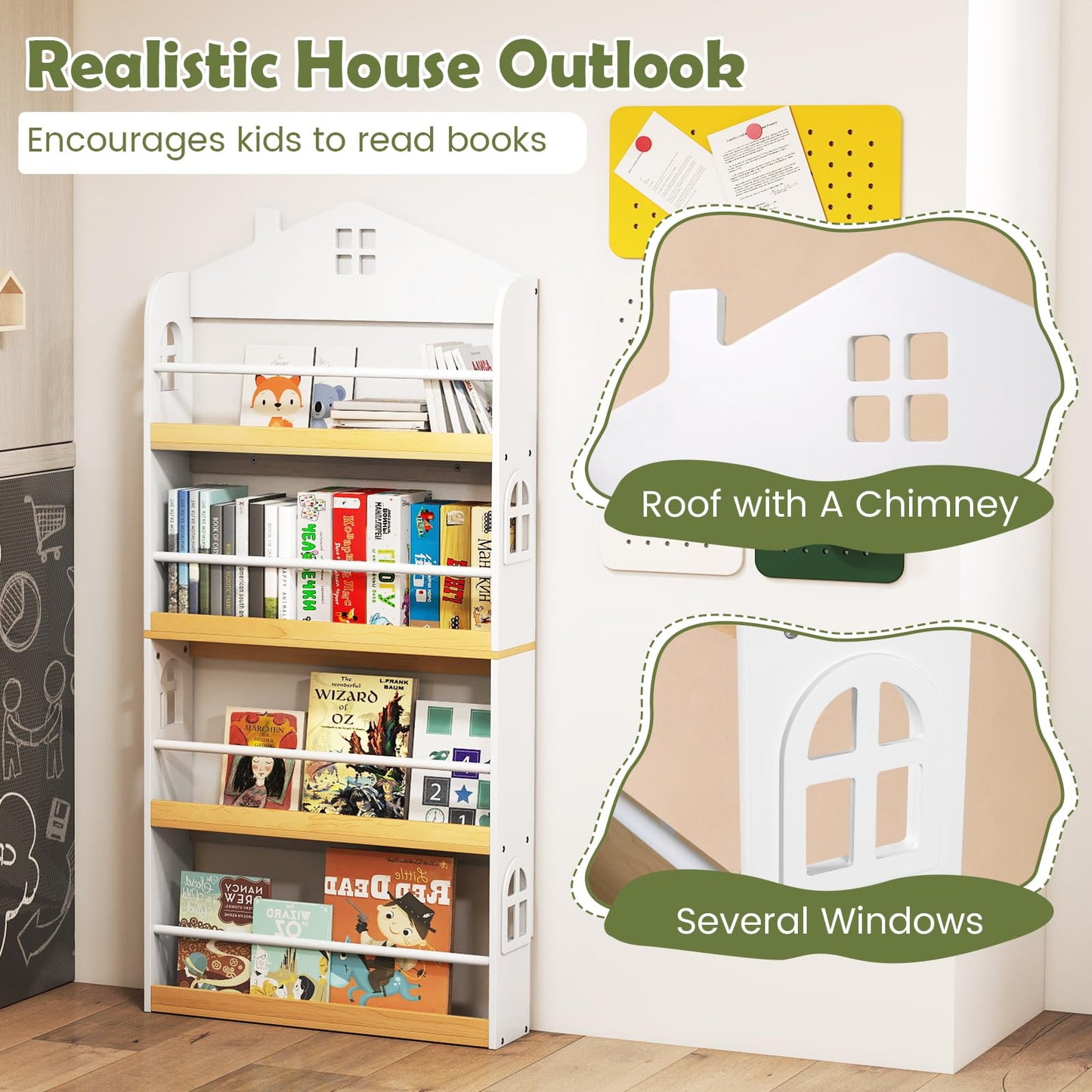 Kids Bookshelf, 4-Tier Book Display Rack with Anti-Falling Baffles