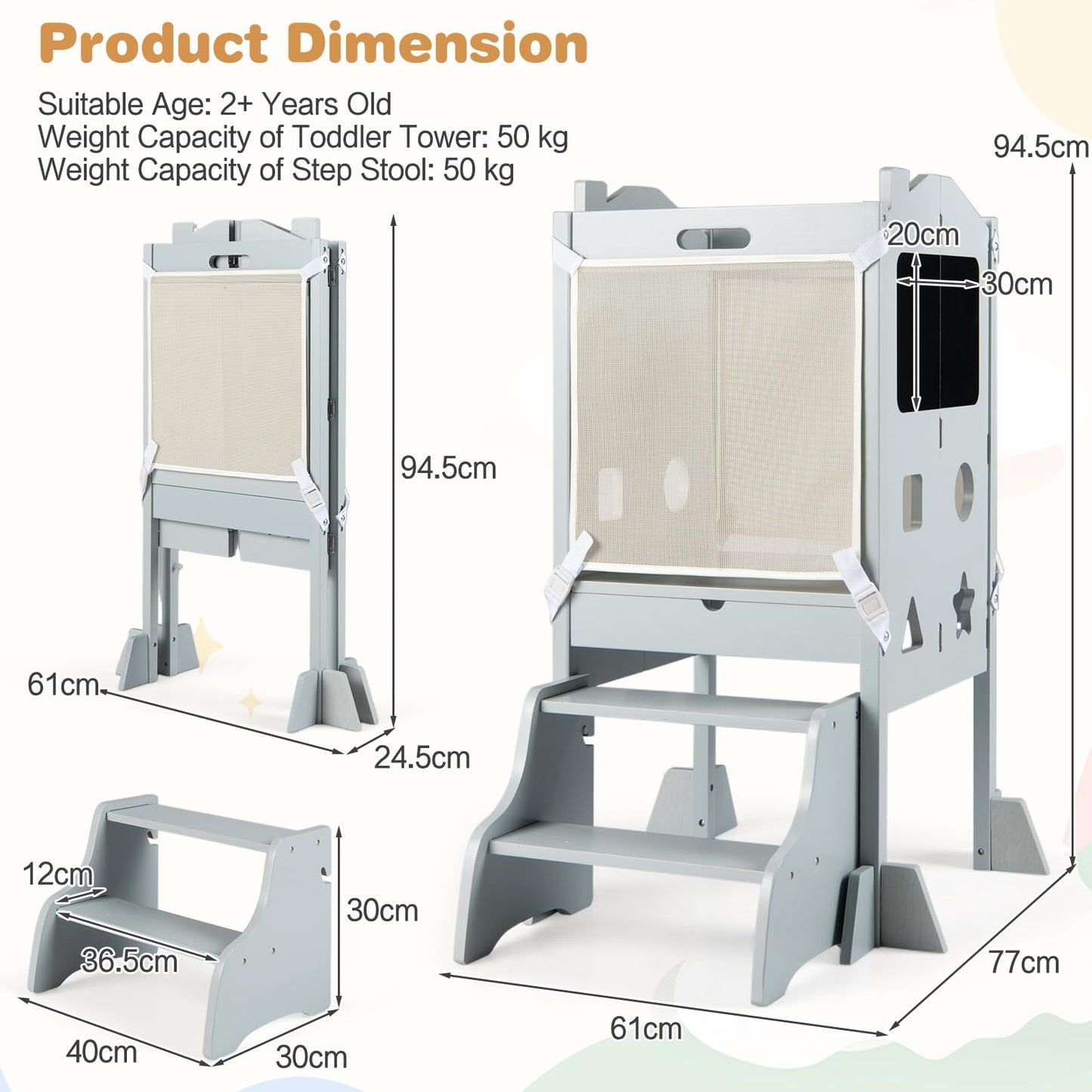 Foldable Toddler Step Stool with Chalkboards and 2-Step Stool for Boys and Girls Aged 2+