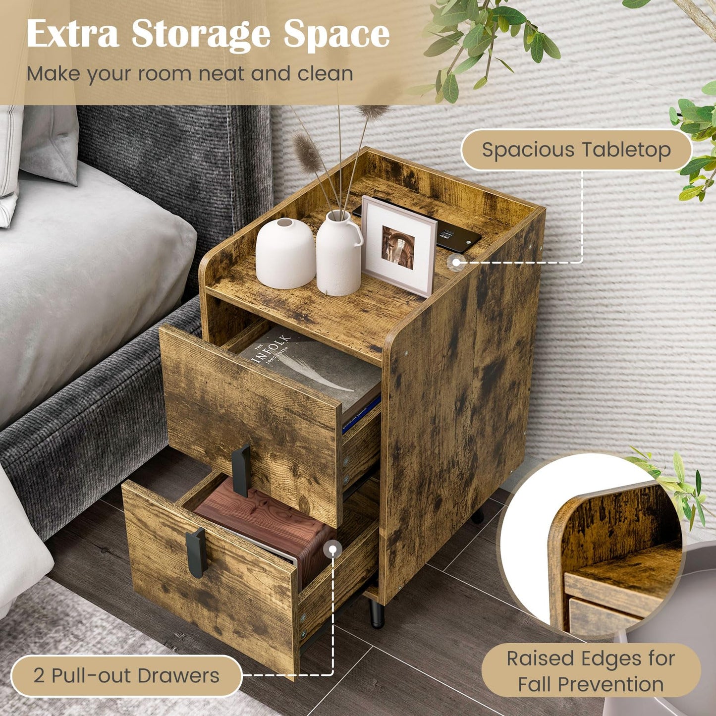 Home Bedside Sofa Side Tables with 2 Drawers and Heavy-duty Metal Legs Support