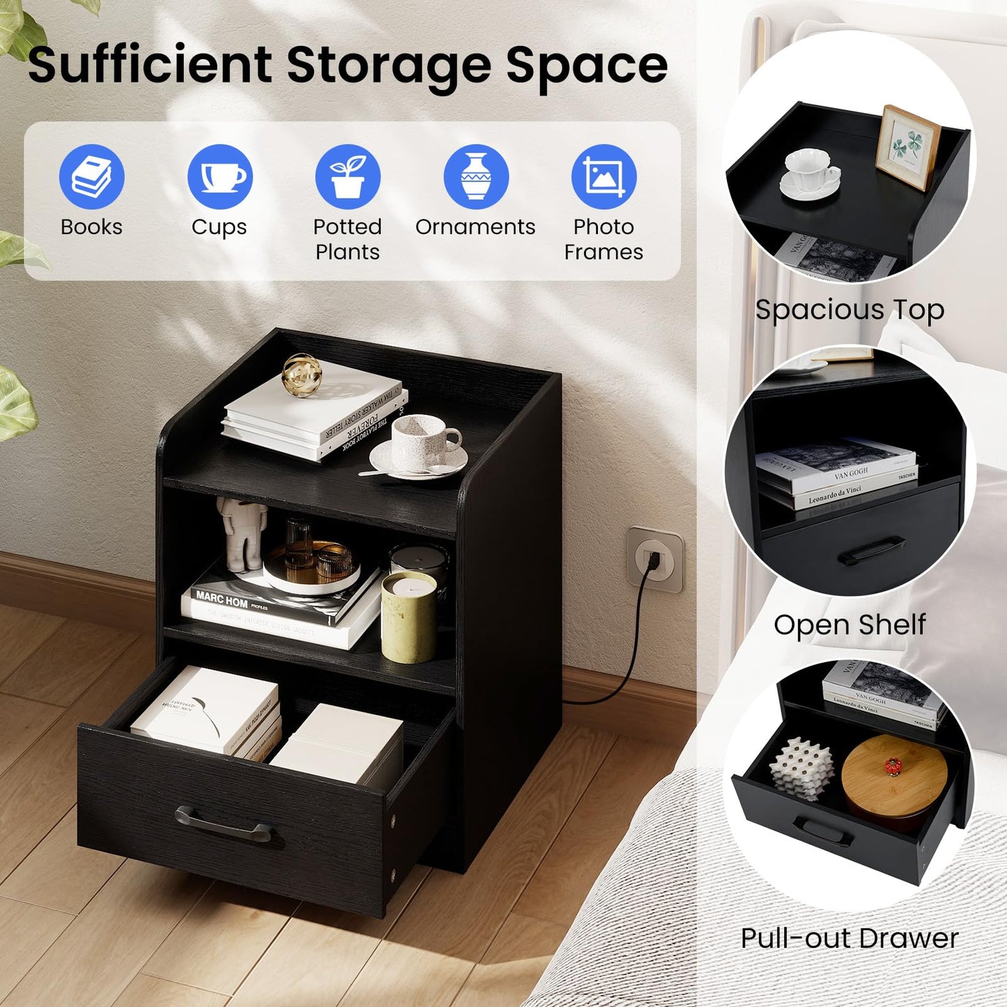 Modern Nightstand with Drawer and Open Shelf for Living Room and Bedroom