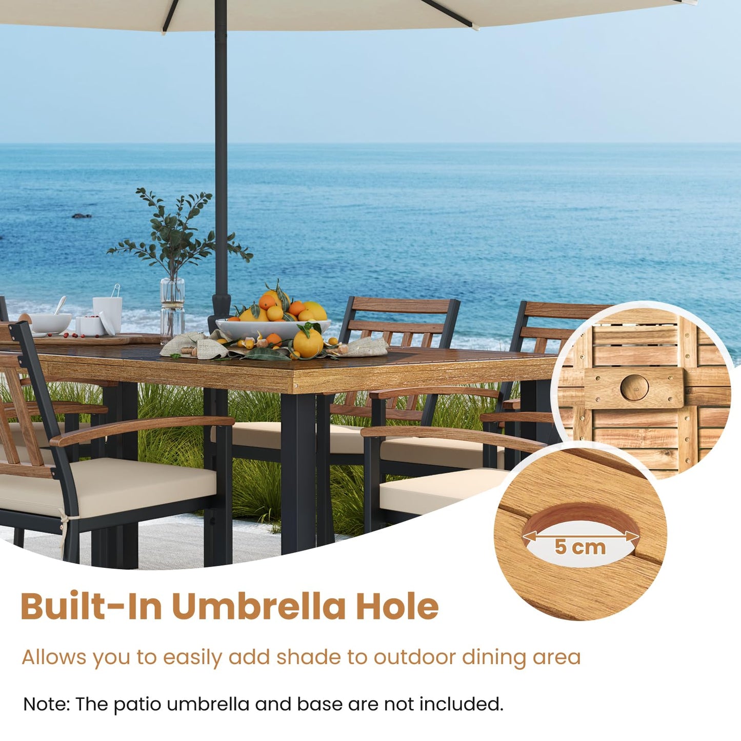200 x 100cm Large Patio Dining Tablewith Acacia Wood Tabletop and Heavy Duty Metal Legs