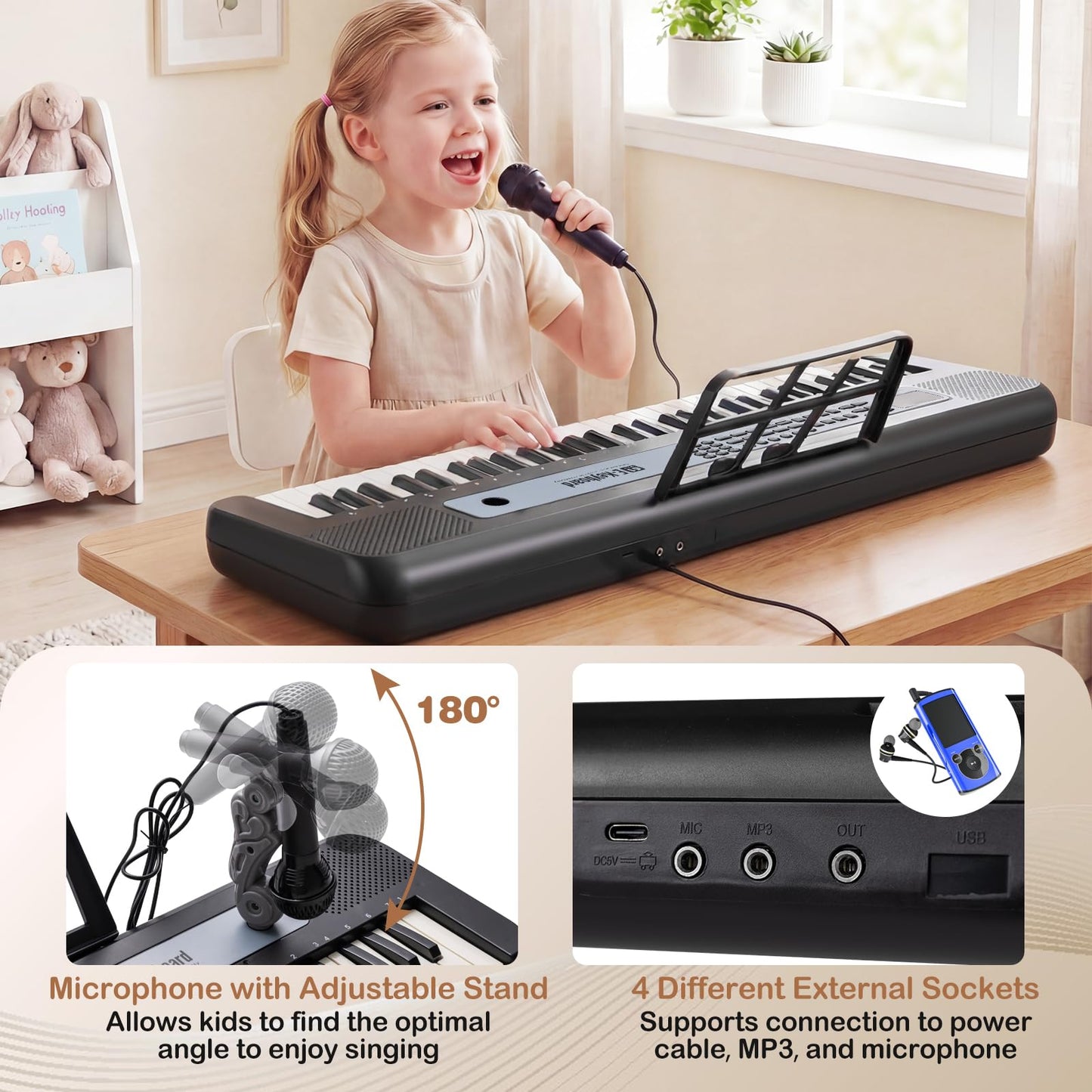 61 Keys Kids Piano Keyboard with Adjustable Stand for Aged 3+ Years Old