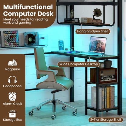 Metal Bunk Bed with Desk, RGB LED Lights, Charging Station